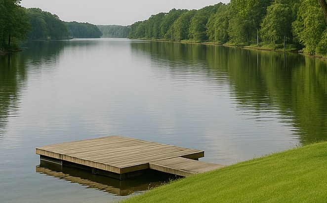 The wooded lakeside dock with still water beyond